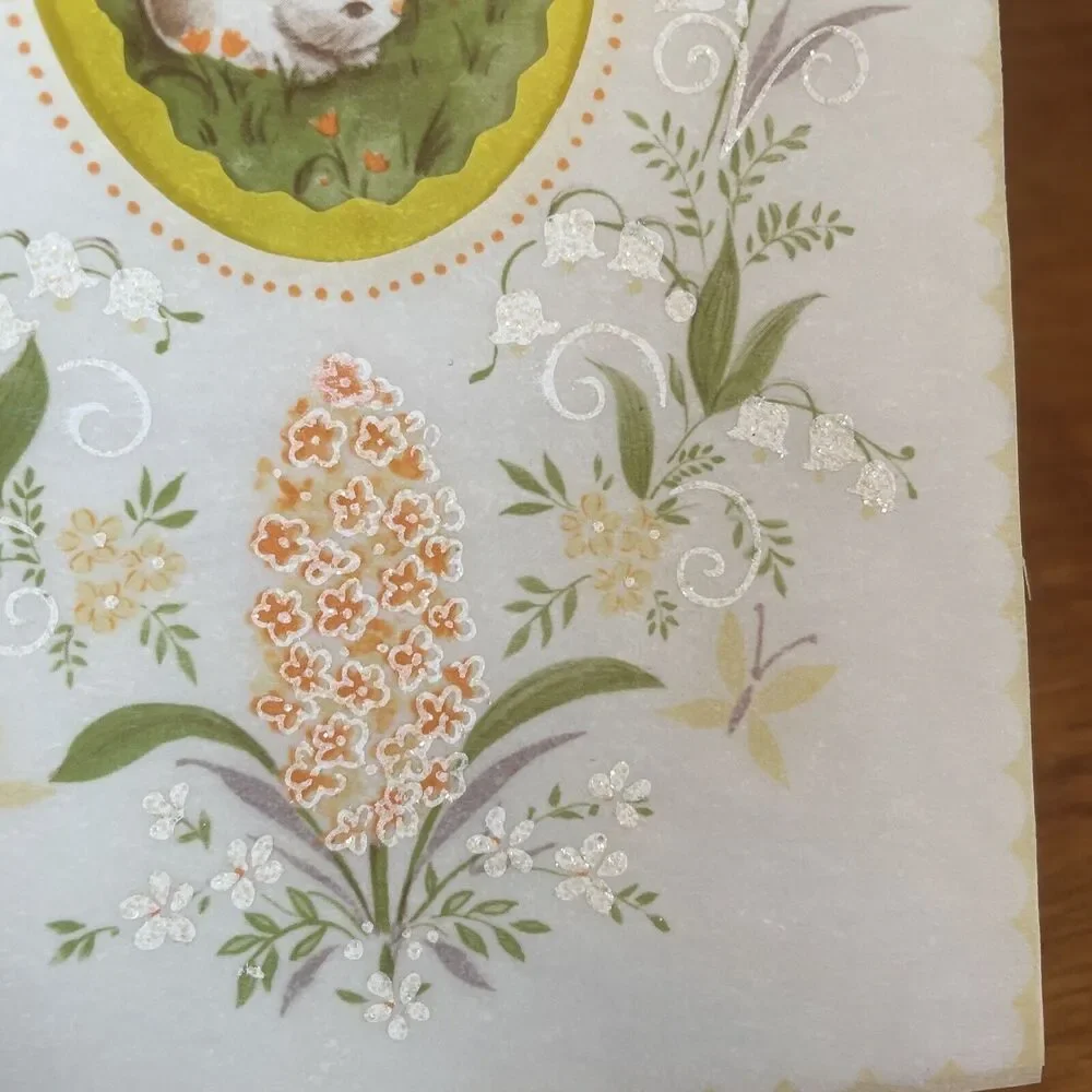 Vtg Buzza Cardozo Rabbit Parchment Easter Spring Die Cut Glitter Greeting Card
